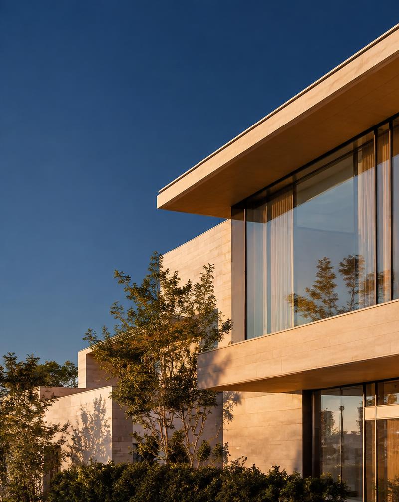 Modern architectural facade in warm light, representing tangible real-world assets